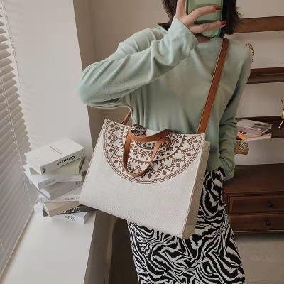 China New Simple Ethnic Style Women's Printed Canvas Shoulder Tote Bags Large Canvas Bag for sale