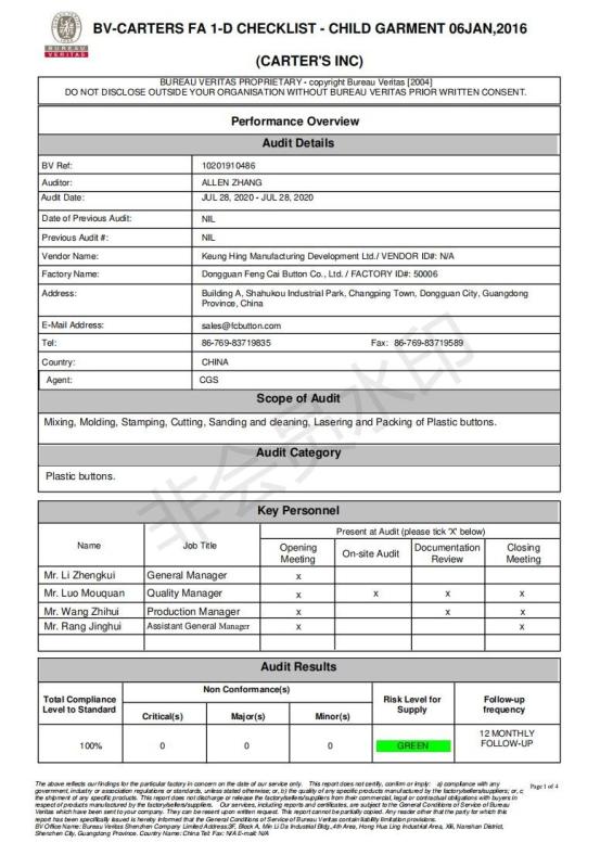 TEST REPORT - Dongguan Fengcai Button Co., Ltd.