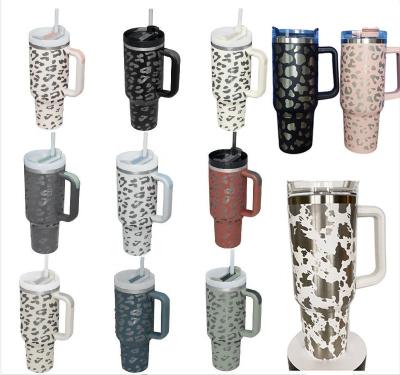 China Travel Wall Leopard Cow Print Solid Color 40oz Stainless Steel Tumbler Insulated Cup With Lid Viable Customized Lean Double Straw for sale