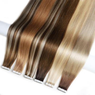 China Straight Tape In Hair Russian Human Hair 100% Natural Straight Virgin Remy Long Cuticle Lined To Line Mini Invisible Drawn Tape Hair for sale