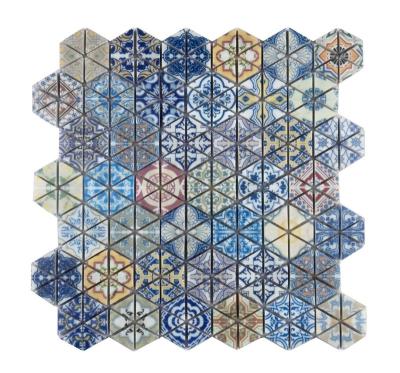 China Home Mixed Blue Color Mosaics Stone Mosaic Hexagonal Marble Inkjet Printing Artificial Stone Mosaic for sale