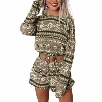 China Explosive Printing Christmas Home Long Sleeve Casual Pajamas Set Women Plus Size 2 Piece Set Pajama Shorts for sale