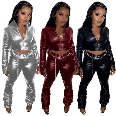 China Fashionable Anti-Wrinkle Women Bell Bottoms Pants Ruched Stacked Jogger Set PU Leather Jackets For Ladies for sale