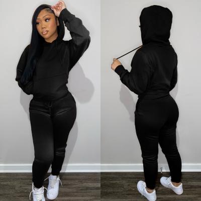 China High Quality Anti-Wrinkle Hoody Velvet Lady Crop Jogger Set Long Sleeve 2 Piece Set Women Tracksuit Sweatsuit Set for sale