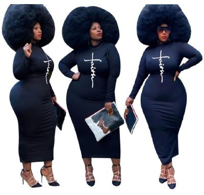 China 2021 New Arrival Anti-Static Faith Plus Size Black Women Long Maxi Fall Dress Bodycon Dress Autumn Clothing for sale