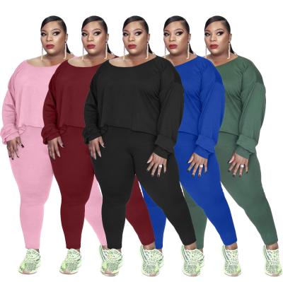 China Anti-wrinkle fall 2 piece women set drop shoulder T-shirts plain oversized plus size women winter clothes jogging pants for sale