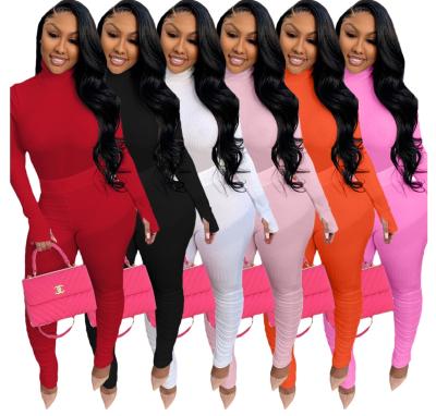 China Autumn Winter Bodycon Casual Turtleneck Anti-pilling Turtleneck Gym Equipment Shape Ribbed Stacked Pants Knitted Two-Piece Set Women for sale