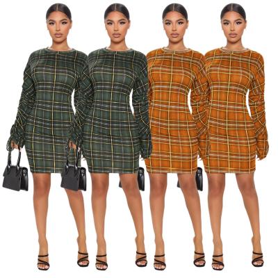 China Casual Dress 2021 Luxury Anti-static Autumn Plaid Long Sleeve Midi Dress Ladies Ruched Stacked Dresses for sale