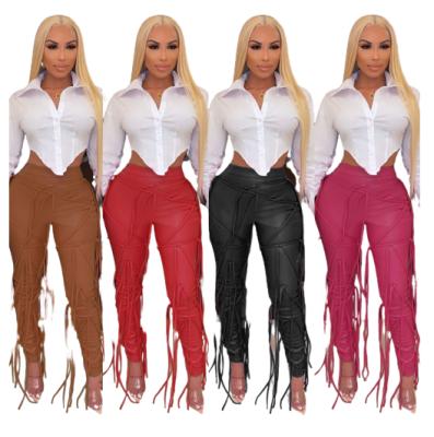 China Winter 2021 New Arrivals Anti-Wrinkle Women Clothing Zipper Tassel Leather Bandage PU Leather Pants Ladies Trousers for sale