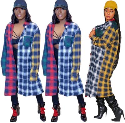 China 2021 Anti-Wrinkle Products Patchwork Autumn Trending Shirts For Women Long Coat Plaid Shirt Shacket Women for sale