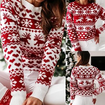 China Anti-wrinkle Winter Christmas Sweaters Women Knitted Crewneck Sweater Casual Long Sleeve Loose Knit Sweater for sale