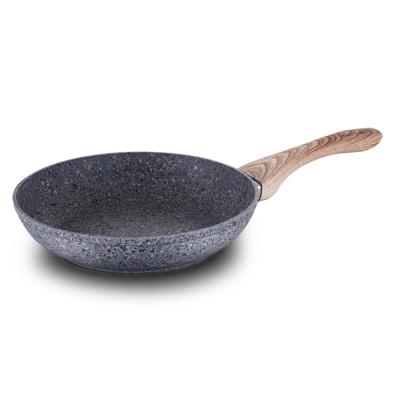 China Sustainable Gray Granite Maifan Stone Pan Non-Stick Coated Aluminum Frying Pan With Wood Grain Handle for sale