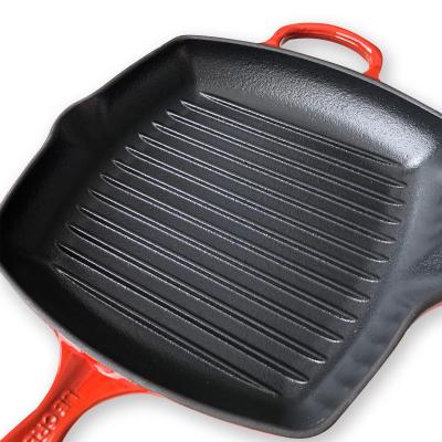 China Viable Factory Hot Sale China Red Enamel Cast Iron Grill Steak Frying Pan for sale