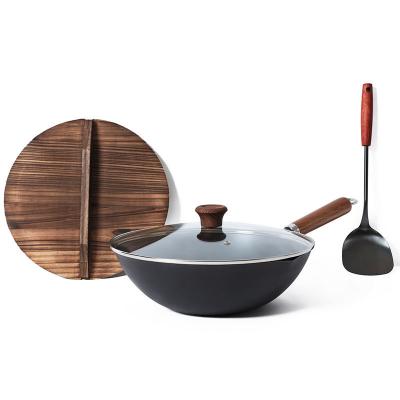 China Chinese Large Gas 32cm Non-Stick Wok Pan Viable With Wooden Lid And Stainless Steel Spatula for sale