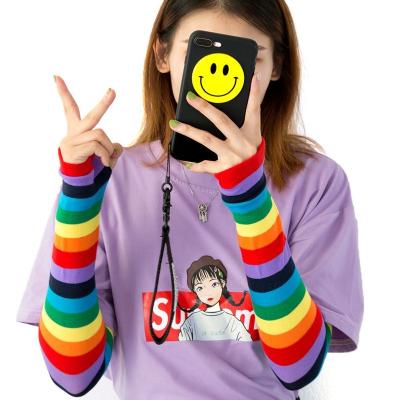 China Rainbow Stripe Hot Sleeve For Women Half Finger Cotton Gloves Hyuna Hot Dance Gloves Party Praise Ball Gloves for sale