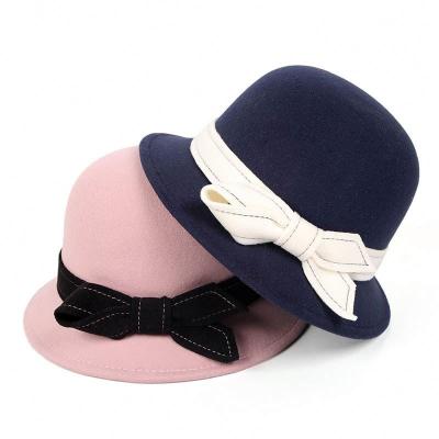 China Wholesale Women's Stylish Bowknot Dobby Winter Hats Felt Short Brim Vintage Pitcher Hat Women Felted Hat Black Red Hats for sale