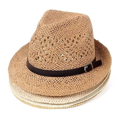 China Wholesale Character Fashion Summer Panama Beach Sun Hats With Belt Hollow Out Brim Straw Jazz Fedora Hat Men Women Leisure Shorts Paper for sale