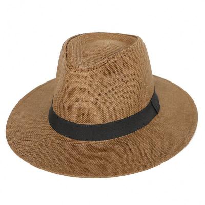 China New Summer Character Panama Sun Hat Flat Brim Fedora Paper Straw Hat With Black Wide Ribbon For Lovers Pastoral Beach Travel for sale