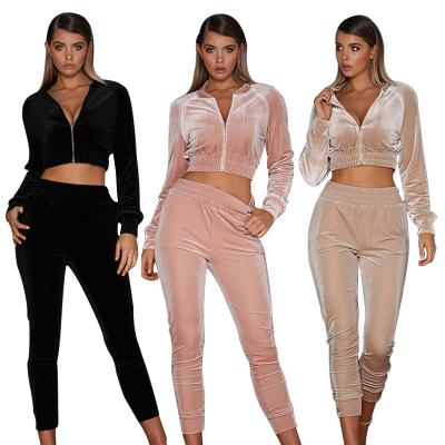 China 2021new arrival QUICK DRY ladies clothing sets long sleeve velvet zipper street style clothing set women's two-piece crop top hoodie for sale