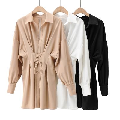 China Breathable Slim Solid Color Drawstring Waist Long Sleeve Poplin Dress Women Shirts Dresses Clothing for sale