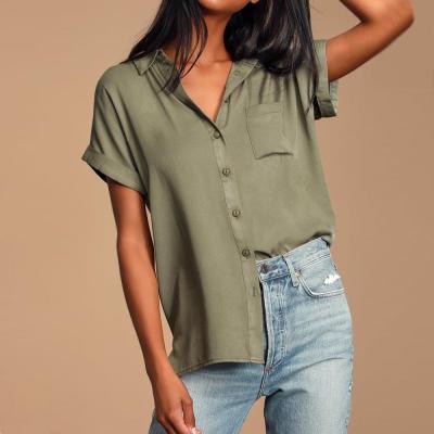 China OEM anti-pilling shirt pocket women's clothing manufacturer top short sleeve button up top HY3339 for sale