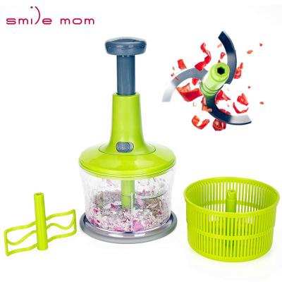 China Sustainable Smile Mum 3 in 1 Manual Food Vegetable Onion Spinner Hand Press Slicer Quick Salad Cleaver for sale