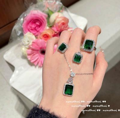 China Sparrow Romantic High Quality Green Geometric Ring Gemstone Zircon Earring Jewelry Set for sale