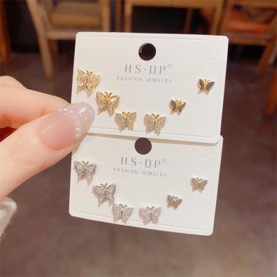 China Charm 1PC 925 Sterling Silver Needle Gold Plated Zircon Women's Butterfly Earrings 3 Pairs Packed in Paper Jam for sale