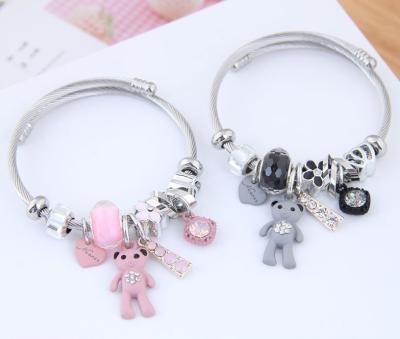 China Fashion DIY Crystal Beaded Pearl Cartoon Bear titanium steel punk charm bracelets European and American pendant bracelet wholesale for sale