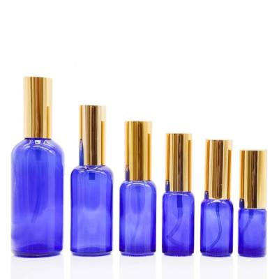 China 30ml 50ml 100ml Wholesale glass blue cosmetic essential oil bottle mini round blue bottle with dropper for sale