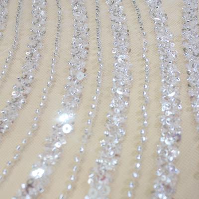 China Wholesale viable high quality design Mesh Elegant Sequin Bridal Embroidery beaded lace fabric for wedding dress. for sale