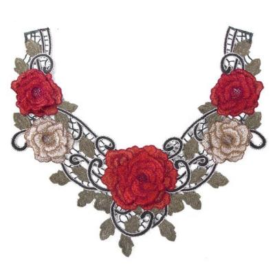 China Sustainable Fashion Polyester Red Rose Embroidery Floral Lace Collar DIY Trim Applique for sale