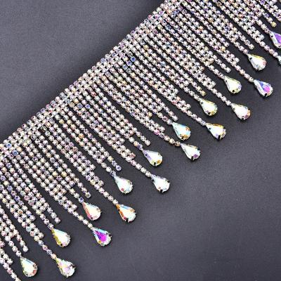 China Washable Glass Metal Tassel Fringe Rhinestone Clear Rhinestone Rhinestone Trim Chain Ribbon Crystal Applique Banding For Crafts for sale