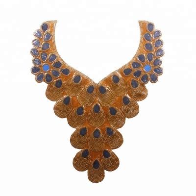 China Hot Fix Crystal Neck Collar Applique Patches Garment Peacock Feather Design Rhinestones Motif for sale