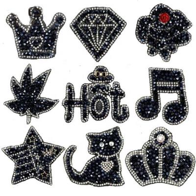 China Flatback Sew Patches Iron On Stick Applique Jersey Crown Hot Notes Star Cat Embroidery For Apparel By Diamond Rhinestones Black Crystal for sale