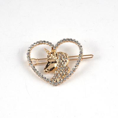 China Hair Pins Wholesale Fashion Women Open Heart Metal Diamond Hair Clip Rhinestone Unicorn Hair Pins for sale