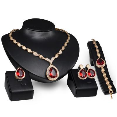 China Simple Red Bridal Banquet Jewerly Necklace Ring Earrings Sapphire Alloy Jewelry Set High Quality for sale