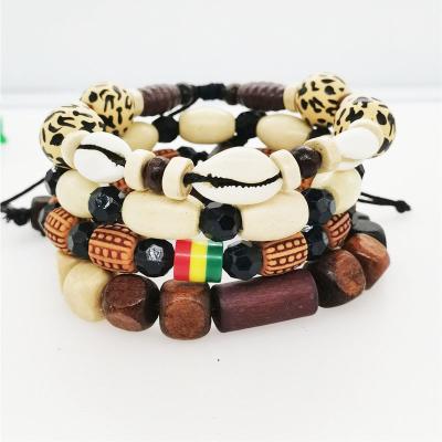 China Stackable Ethnic Tribal African Bracelets Layer Shell Wooden Beaded Bracelets High Quality 4 Pcs Bangles Multi Layer for sale