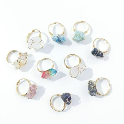 China Gold Plated Natural Stone Ring Wire Wrap Handmade Irregular Healing Crystal Ring High Quality for sale