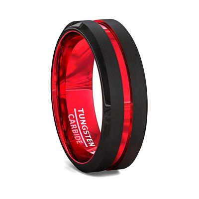 China High Quality Men's 8MM Black and Red Ring Matte Finish Beveled Edges Tungsten Carbide Ring for sale