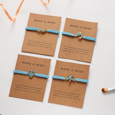 China High Quality Wish Card Blue Wax Tie Rope Handmade Adjustable Braided Women Charm Starfish Fish Heart Turtle Bracelet for sale