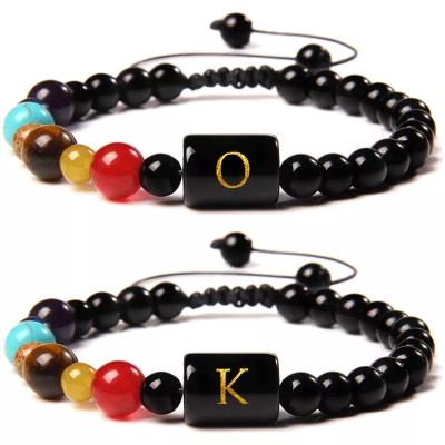 China High Quality Natural Black Agat Tiger Eye Stone Beads 26 English Letters Weave Chakra Fengshui Bracelet for sale