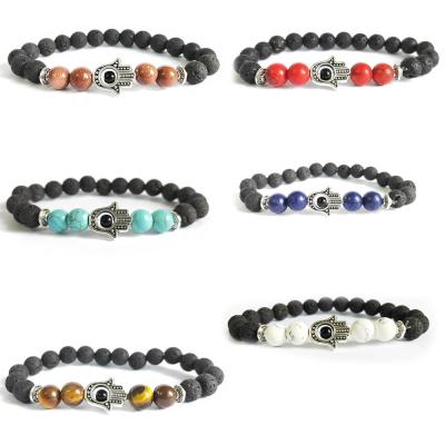 China FASHIONABLE Lava Stone 8mm Eye Sliver Color Hamsa Hand Beaded Men Chakra Bracelet Prayer Beads Jewelry for sale