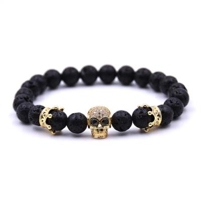 China High Quality Natural Lava Stone Beads Cz Skull Crown Bangle Bracelet Sets For Women Men for sale