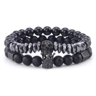 China 2Pcs/Set Punk Black CZ Crown Skull Elastic Bracelet Set 8mm Matte Black Stone Micro Pave High Quality for sale