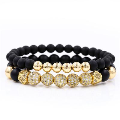 China High Quality Luxury Gold Plated Jewelry Set Natural Black 8mm Matte Onyx Bead Stainless Steel Bracelets for sale