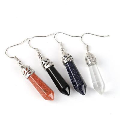 China Natural Crystal Amethyst Rose Quartz Red Agate Reiki Earrings High Quality Column Earring Hex Gem Stone Dangle Hook Charm for sale