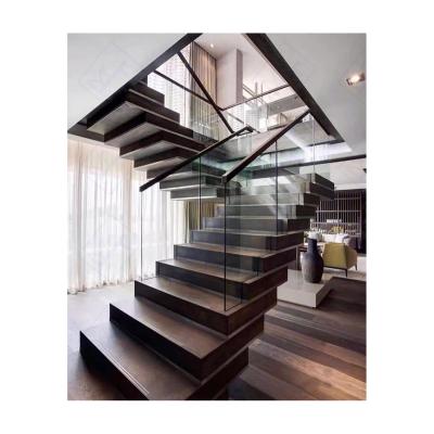 China Modern Stacked Stainless Steel Stairs Wooden Step Glass Railing for sale