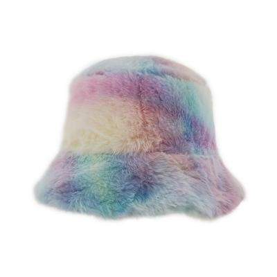 China Plush Child Bucket Hat Winter Plush Bucket Hat Multicolor Tie Dye Children Winter Furry Bucket Hat for sale