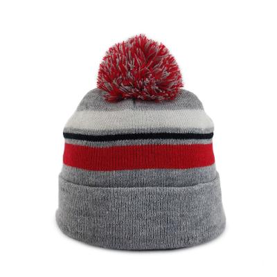 China JOINT Kids Winter Beanie Striped Hats Double Layers With Pom Pom for sale